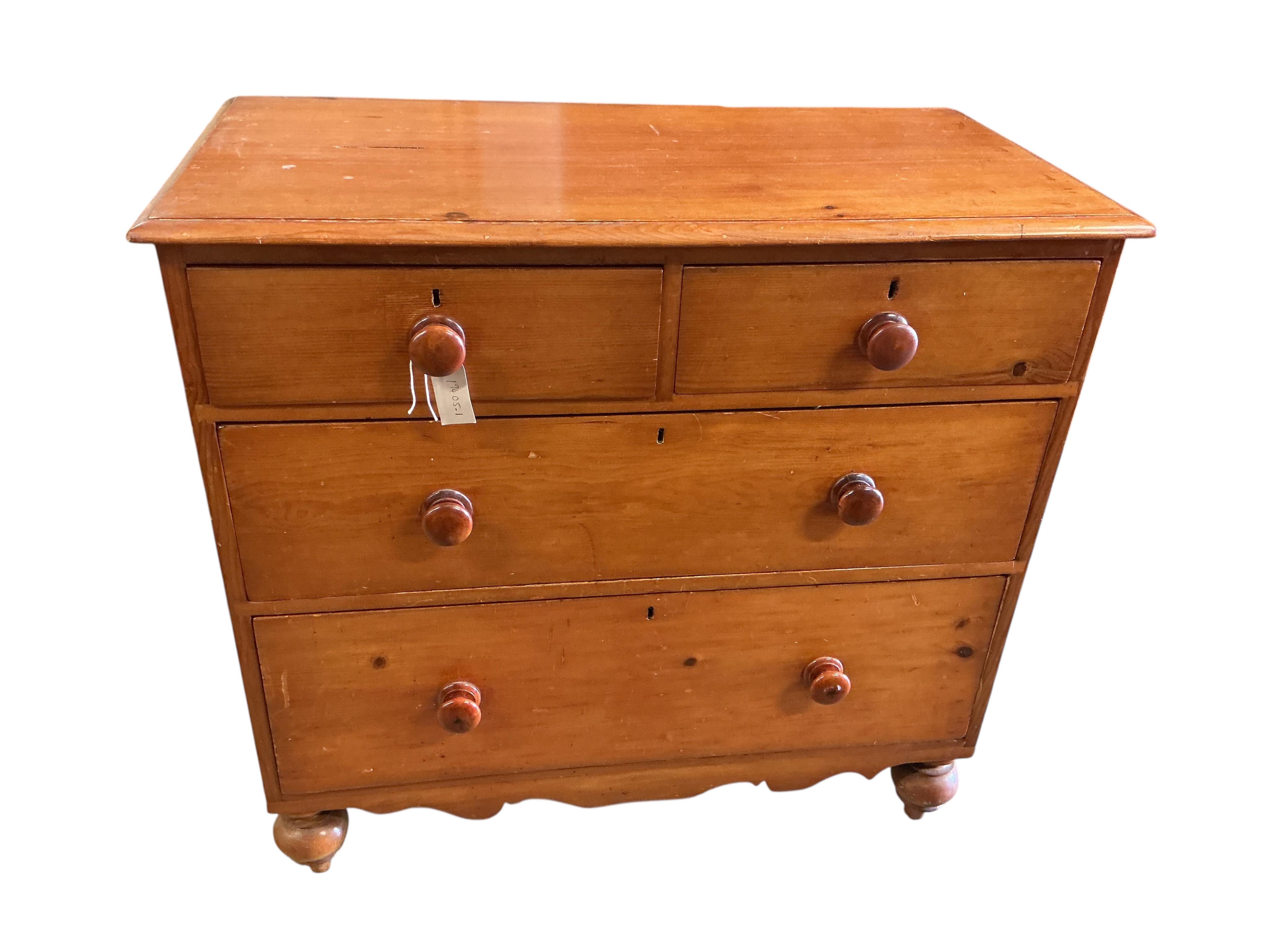 A Victorian pine chest of four drawers, width 96cm, depth 49cm, height 90cm